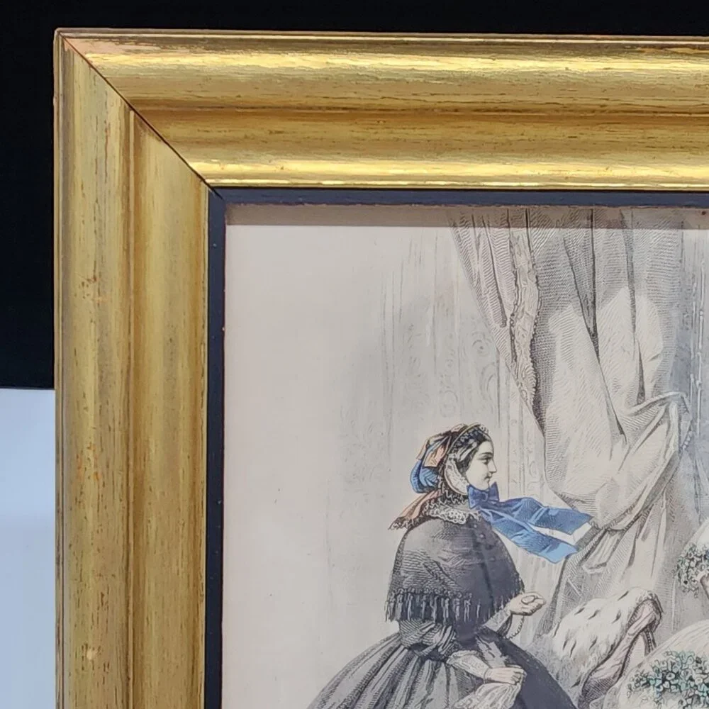 Antique Gilt Wood Picture Frame 1800's Paris Fashion Lithograph 8x10 Belge - Picture 4 of 12